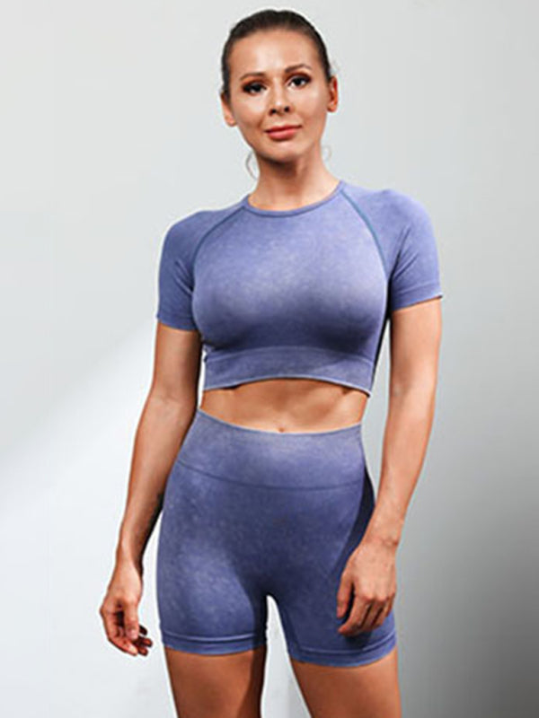 Women's Multi-Color Yoga Sports Short Sleeve & Shorts Set